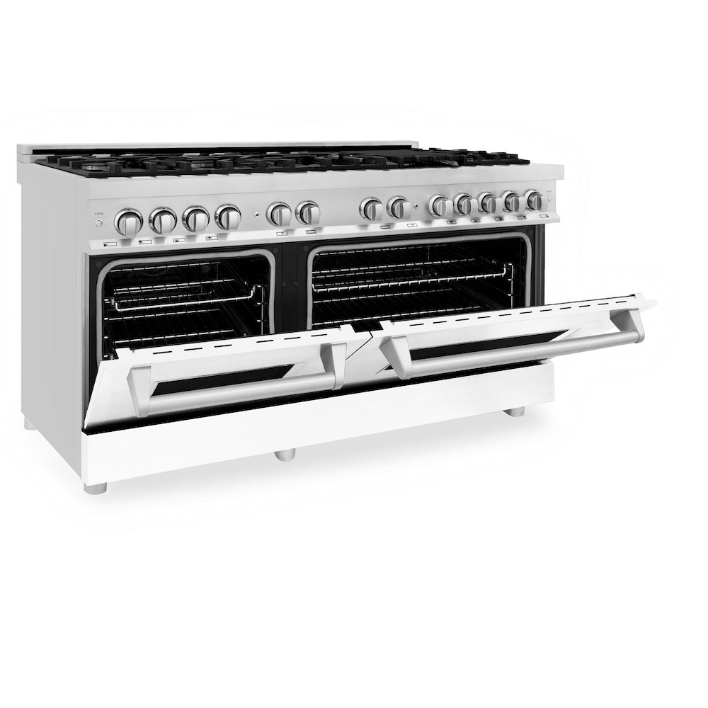 ZLINE 60 in. 7.4 cu. ft. Legacy Dual Fuel Range with 9 Burner Gas Cooktop and 2 Electric Convection Ovens in Stainless Steel and White Matte Doors (RA-WM-60) side, oven half open.