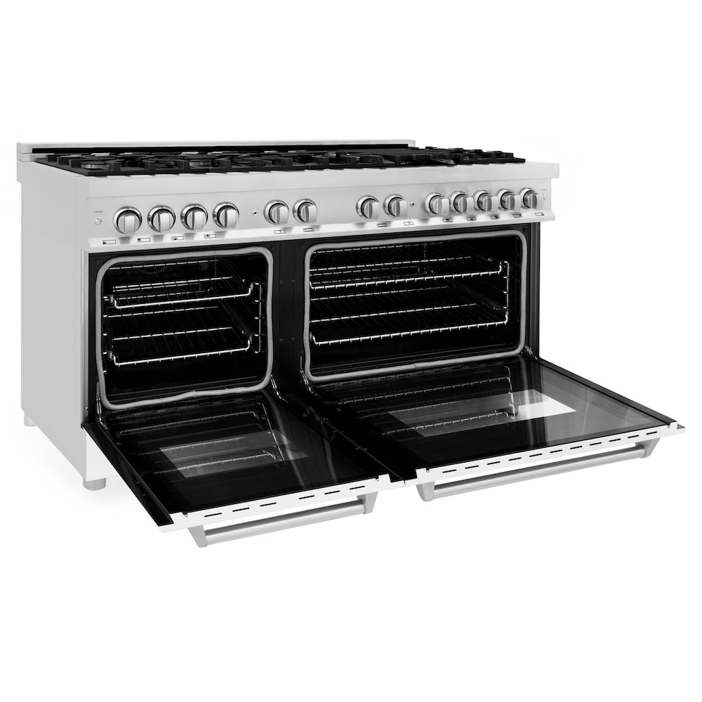 ZLINE 60 in. 7.4 cu. ft. Legacy Dual Fuel Range with 9 Burner Gas Cooktop and 2 Electric Convection Ovens in Stainless Steel and White Matte Doors (RA-WM-60) side, oven open.