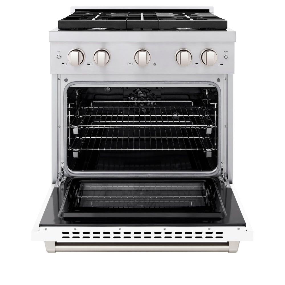 ZLINE 30 in. 4.2 cu. ft. Paramount Dual Fuel Range with 4 Burner Gas Cooktop and Electric Convection Oven in Stainless Steel with White Matte Door (SDR-WM-30) front, oven open.