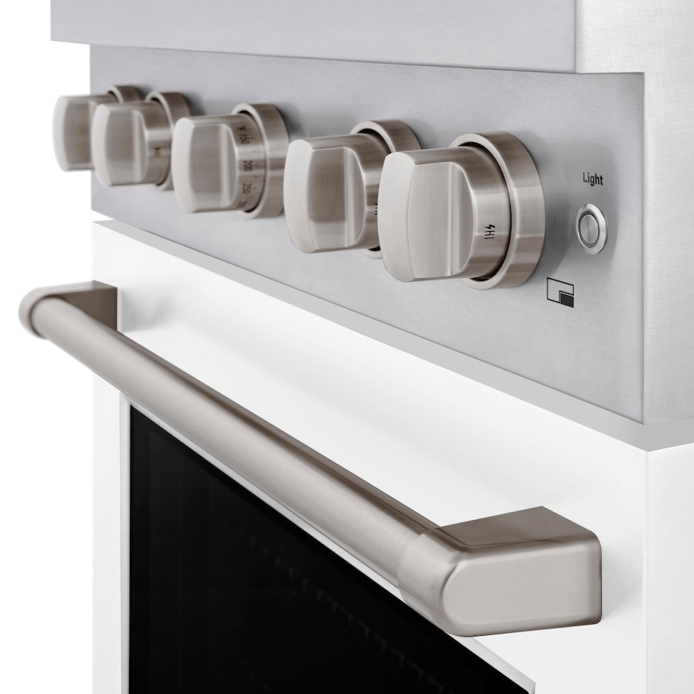ZLINE 30 in. 4.2 cu. ft. Paramount Dual Fuel Range with 4 Burner Gas Cooktop and Electric Convection Oven in Stainless Steel with White Matte Door (SDR-WM-30) knobs.