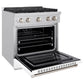 ZLINE 30 in. 4.2 cu. ft. Paramount Dual Fuel Range with 4 Burner Gas Cooktop and Electric Convection Oven in Stainless Steel with White Matte Door (SDR-WM-30) side, open.