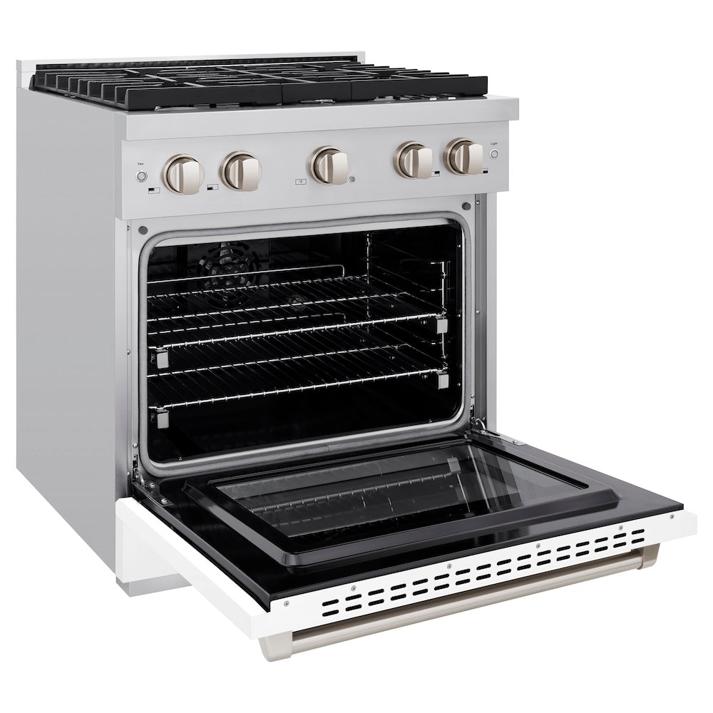 ZLINE 30 in. 4.2 cu. ft. Paramount Dual Fuel Range with 4 Burner Gas Cooktop and Electric Convection Oven in Stainless Steel with White Matte Door (SDR-WM-30) side, open.