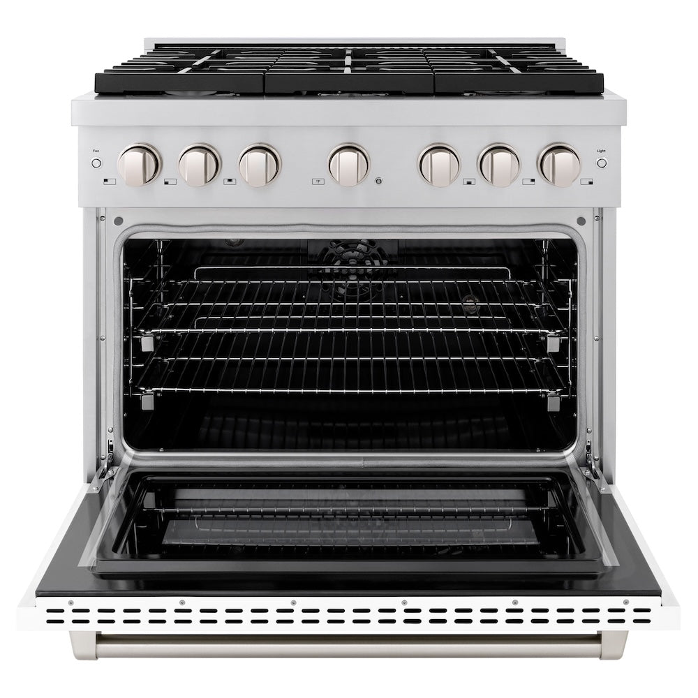 ZLINE 36 in. 5.2 cu. ft. Paramount Dual Fuel Range with 6 Burner Gas Cooktop and Electric Convection Oven in Stainless Steel with White Matte Door (SDR-WM-36) front, oven open.