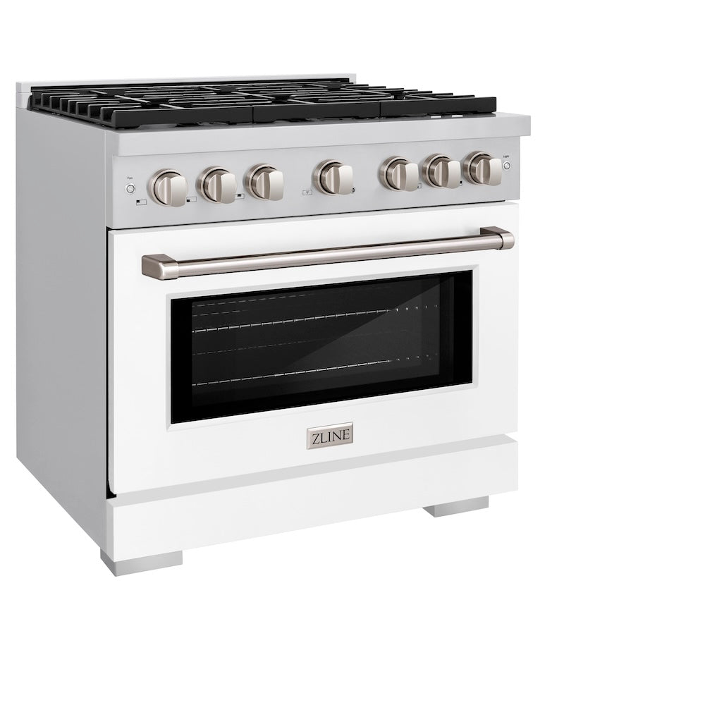 ZLINE 36 in. 5.2 cu. ft. Paramount Dual Fuel Range with 6 Burner Gas Cooktop and Electric Convection Oven in Stainless Steel with White Matte Door (SDR-WM-36) side, oven closed.