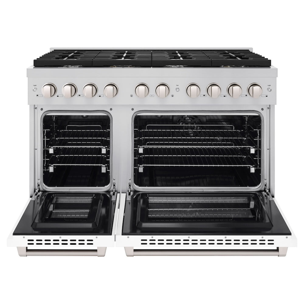 ZLINE 48 in. 6.7 cu. ft. Paramount Double Oven Dual Fuel Range with 8 Burner Gas Cooktop in Stainless Steel with White Matte Doors (SDR-WM-48) front, oven open.