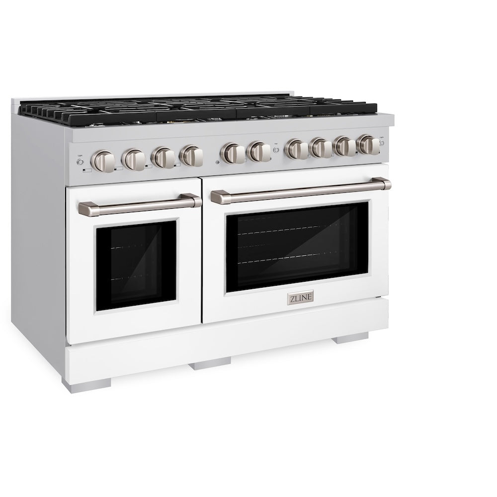 ZLINE 48 in. 6.7 cu. ft. Paramount Double Oven Dual Fuel Range with 8 Burner Gas Cooktop in Stainless Steel with White Matte Doors (SDR-WM-48) side, oven closed.