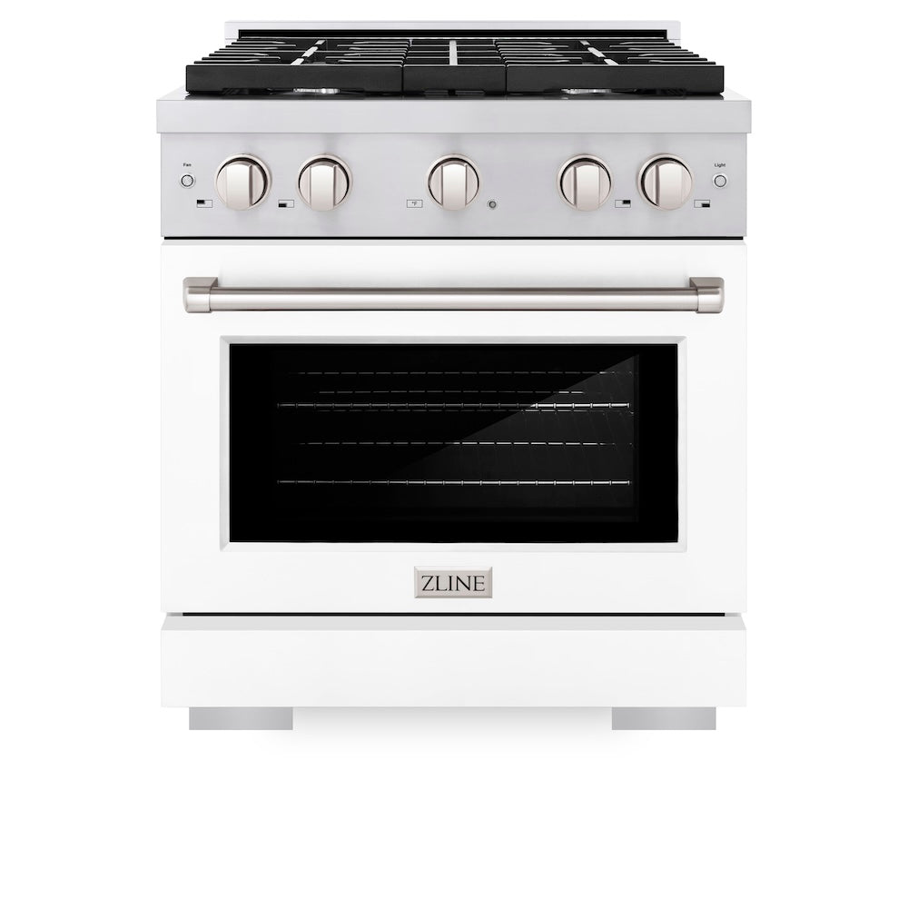 ZLINE 30 in. 4.2 cu. ft. Paramount Gas Range with 4 Burner Cooktop and Convection Gas Oven in Stainless Steel with White Matte Door (SGR-WM-30) front, oven closed.