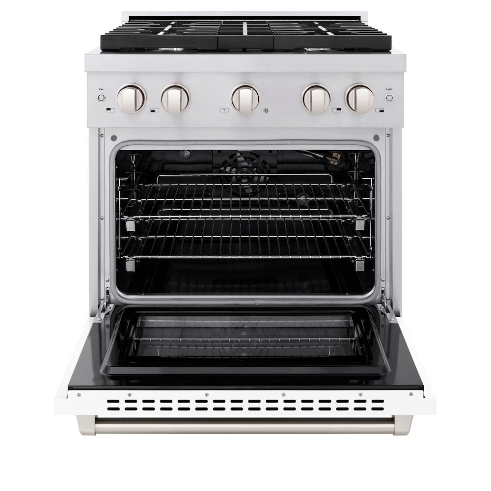 ZLINE 30 in. 4.2 cu. ft. Paramount Gas Range with 4 Burner Cooktop and Convection Gas Oven in Stainless Steel with White Matte Door (SGR-WM-30) front, oven open.