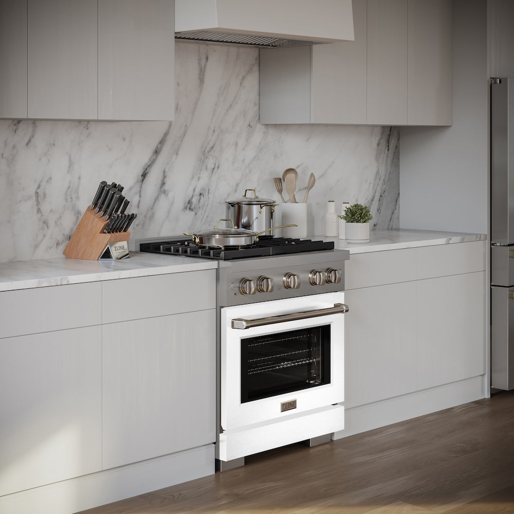 ZLINE 30 in. 4.2 cu. ft. Paramount Gas Range with 4 Burner Cooktop and Convection Gas Oven in Stainless Steel with White Matte Door (SGR-WM-30) in a luxury kitchen.