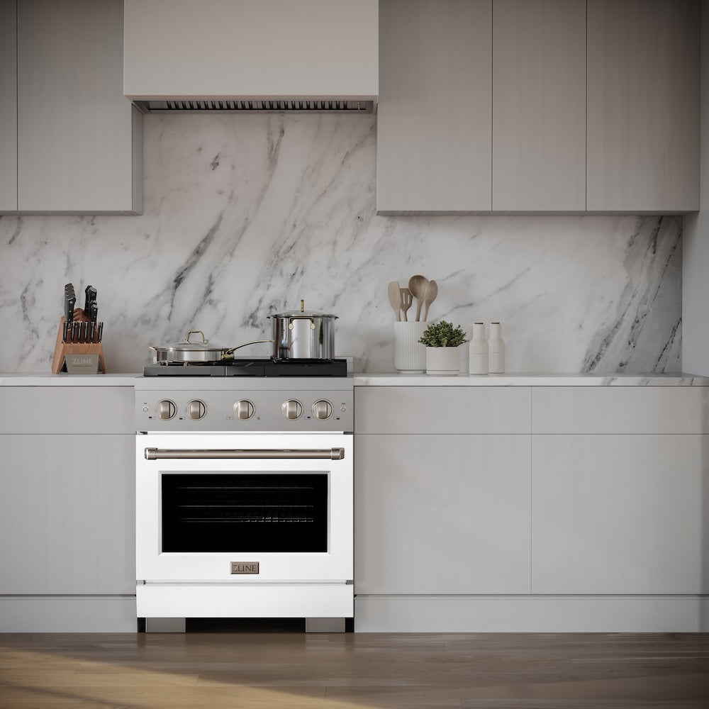 ZLINE 30 in. 4.2 cu. ft. Paramount Gas Range with 4 Burner Cooktop and Convection Gas Oven in Stainless Steel with White Matte Door (SGR-WM-30) in a luxury kitchen.