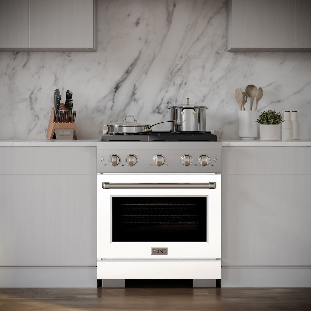 ZLINE 30 in. 4.2 cu. ft. Paramount Gas Range with 4 Burner Cooktop and Convection Gas Oven in Stainless Steel with White Matte Door (SGR-WM-30) in a luxury kitchen.