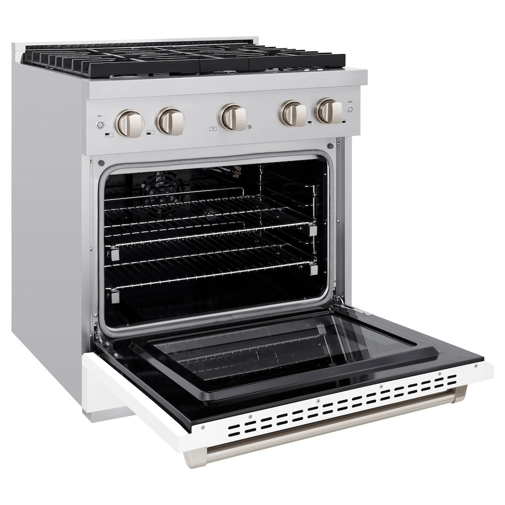 ZLINE 30 in. 4.2 cu. ft. Paramount Gas Range with 4 Burner Cooktop and Convection Gas Oven in Stainless Steel with White Matte Door (SGR-WM-30) side, oven open.