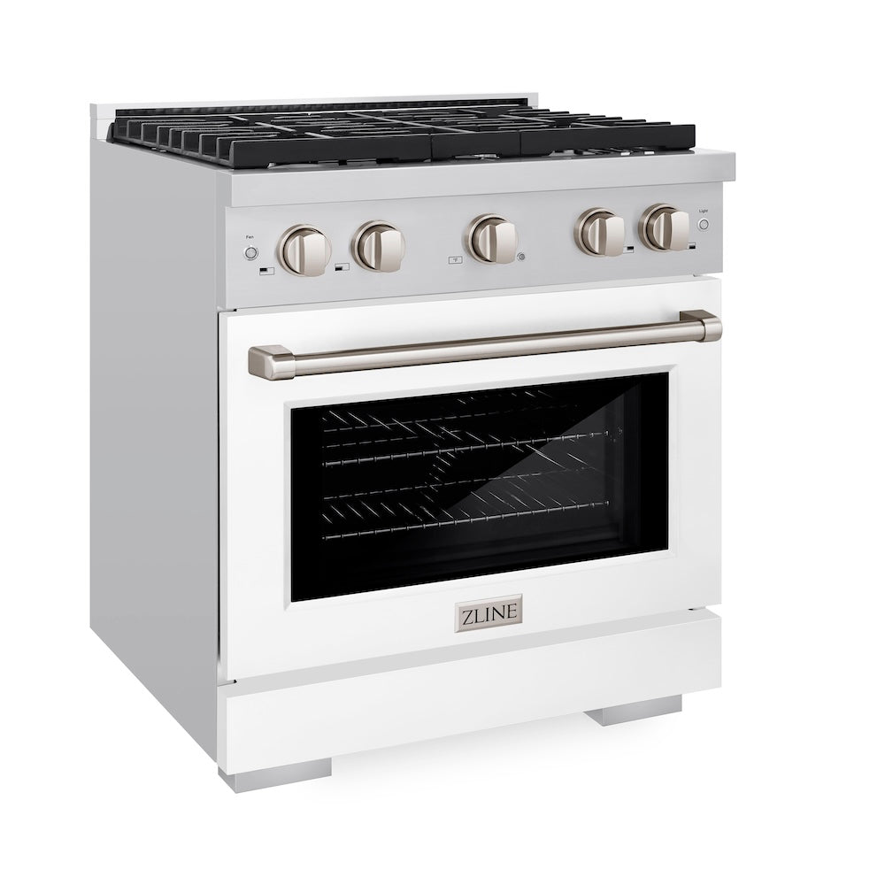 ZLINE 30 in. 4.2 cu. ft. Paramount Gas Range with 4 Burner Cooktop and Convection Gas Oven in Stainless Steel with White Matte Door (SGR-WM-30) side, oven closed.