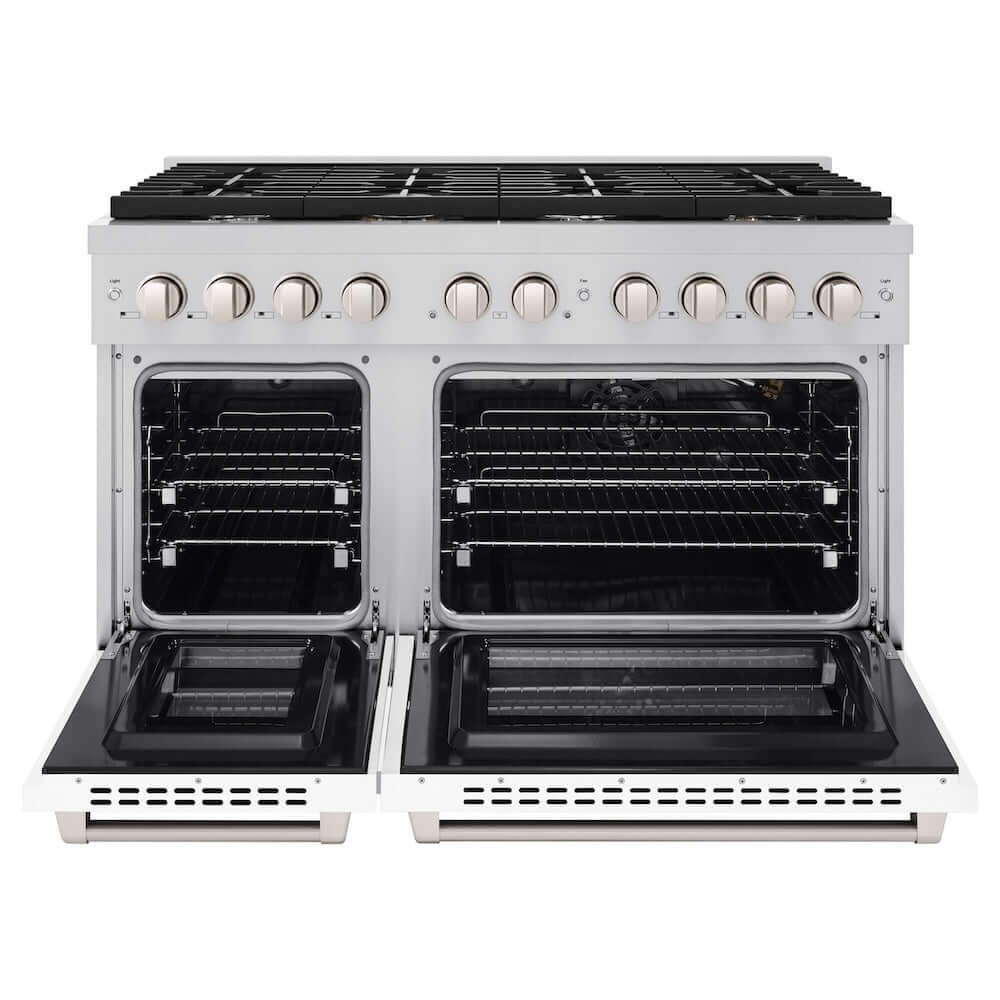 ZLINE 48 in. 6.7 cu. ft. Paramount Double Oven Gas Range with 8 Burner Cooktop in Stainless Steel with White Matte Doors (SGR-WM-48) front, oven open.