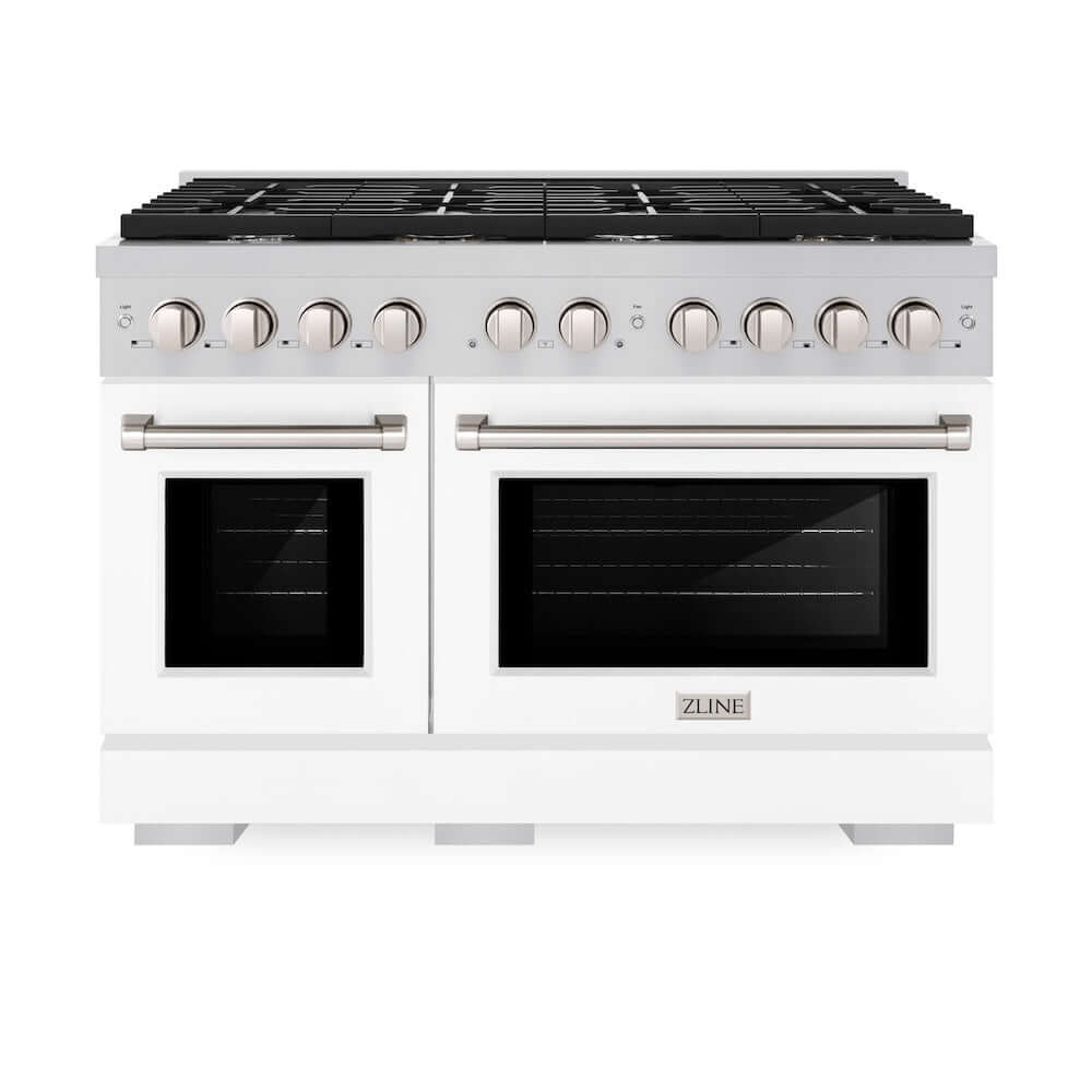 ZLINE 48 in. 6.7 cu. ft. Paramount Double Oven Gas Range with 8 Burner Cooktop in Stainless Steel with White Matte Doors (SGR-WM-48) front, oven closed.