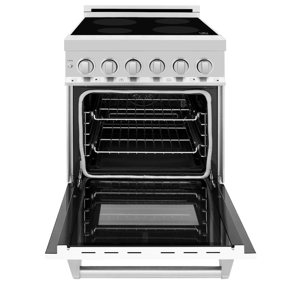ZLINE 24 in. 2.8 cu. ft. Induction Range with a 4 Element Stove and Electric Oven in White Matte (RAIND-WM-24) front, oven open.