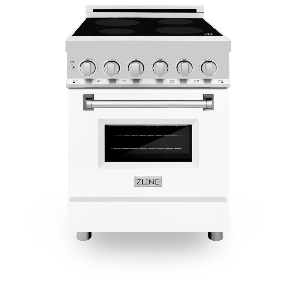ZLINE 24 in. 2.8 cu. ft. Induction Range with a 4 Element Stove and Electric Oven in White Matte (RAIND-WM-24) front, oven closed.