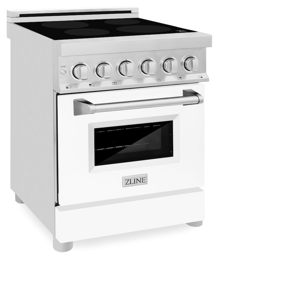 ZLINE 24 in. 2.8 cu. ft. Induction Range with a 4 Element Stove and Electric Oven in White Matte (RAIND-WM-24) side, oven closed.