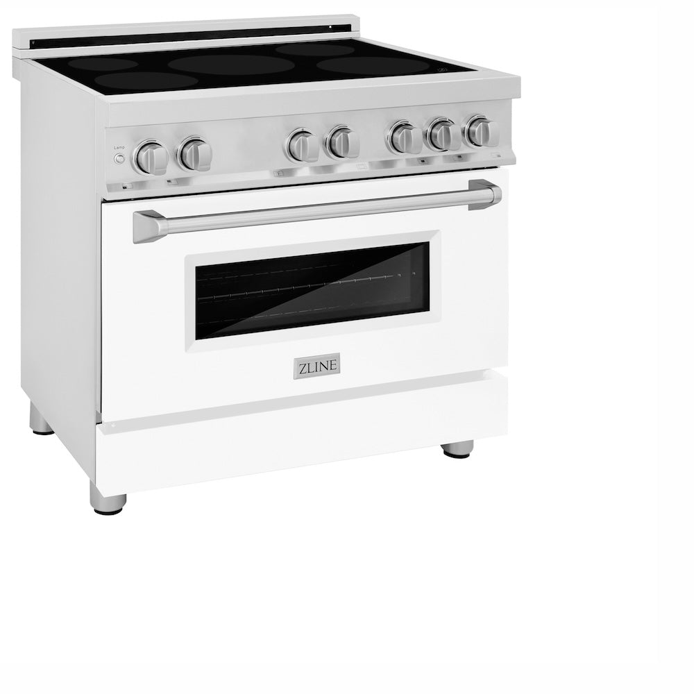 ZLINE 36 in. 4.6 cu. ft. Induction Range with a 5 Element Stove and Electric Oven in White Matte (RAIND-WM-36) side, oven closed.