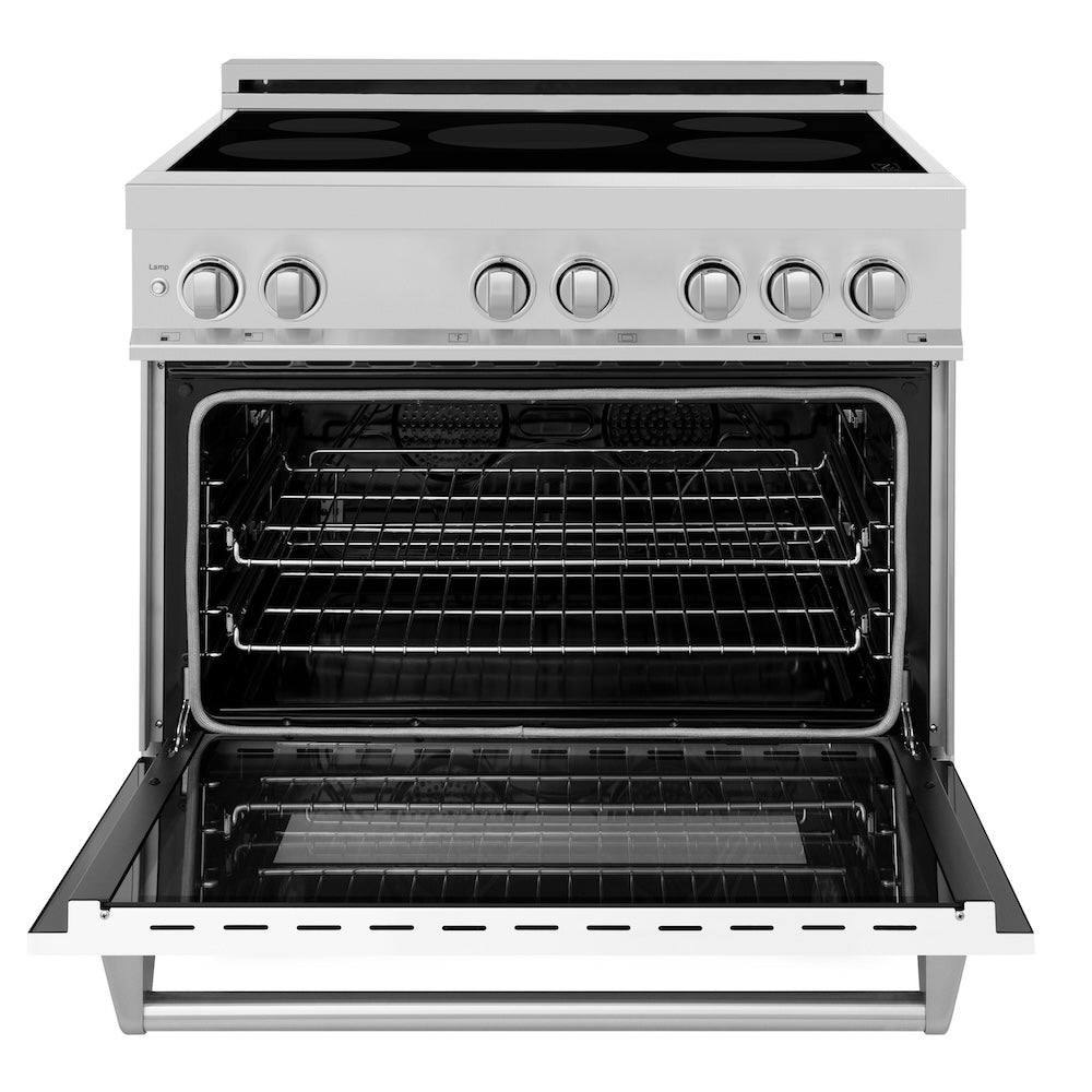ZLINE 36 in. 4.6 cu. ft. Induction Range with a 5 Element Stove and Electric Oven in White Matte (RAIND-WM-36) front, oven open.