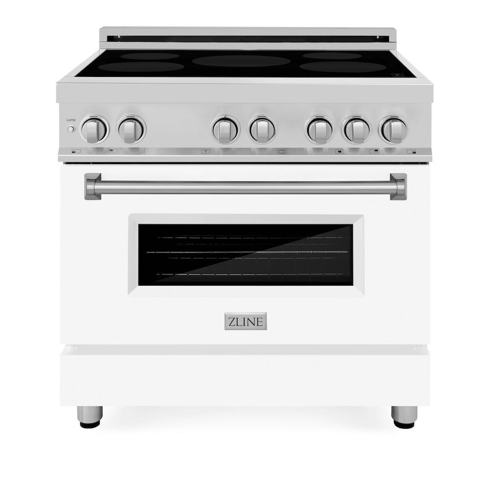 ZLINE 36 in. 4.6 cu. ft. Induction Range with a 5 Element Stove and Electric Oven in White Matte (RAIND-WM-36) front, oven closed.