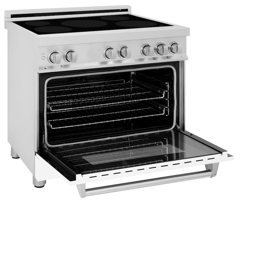 ZLINE 36 in. 4.6 cu. ft. Induction Range with a 5 Element Stove and Electric Oven in White Matte (RAIND-WM-36) side, oven open.