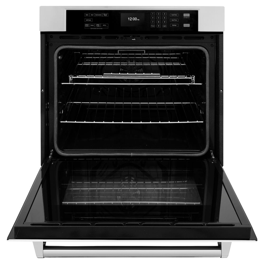 ZLINE 30 in. Professional True Convection Single Wall Oven with Air Fry and Self Clean in Stainless Steel with White Matte Door (WAS-WM-30) front, oven open.