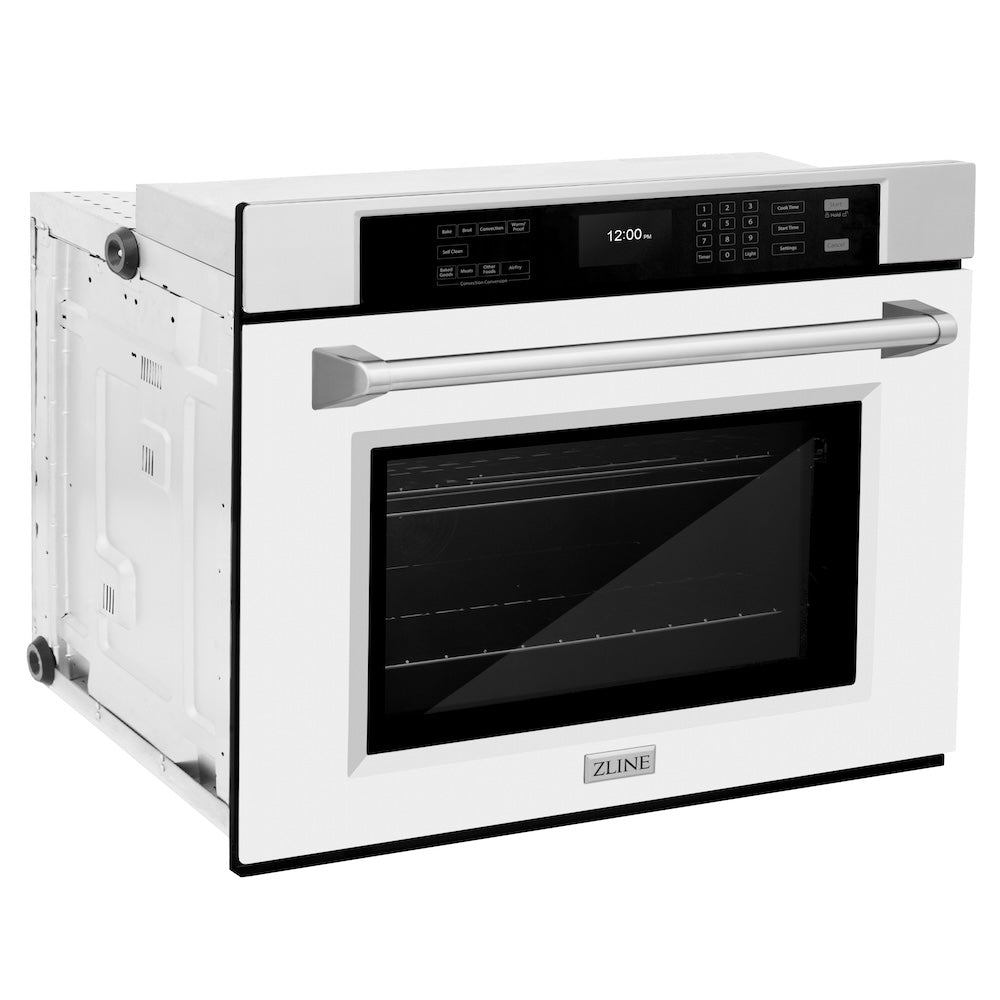 ZLINE 30 in. Professional True Convection Single Wall Oven with Air Fry and Self Clean in Stainless Steel with White Matte Door (WAS-WM-30) side, oven closed.