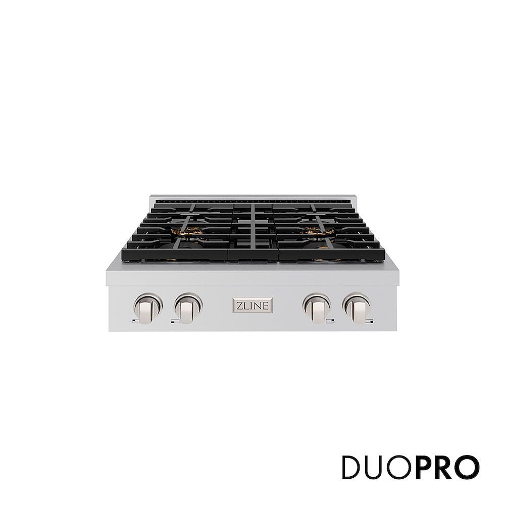 ZLINE 30 in. Paramount Gas Rangetop with 4 Burner DuoPro™ Cooktop in Stainless Steel (PSRT30) front, with DuoPro™ logo.