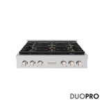 ZLINE 36 in. Paramount Gas Rangetop with 6 Burner DuoPro™ Cooktop in Stainless Steel (PSRT36) front, with DuoPro™ logo.