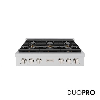 ZLINE 36 in. Paramount Gas Rangetop with 6 Burner DuoPro™ Cooktop in Stainless Steel (PSRT36) front, with DuoPro™ logo.