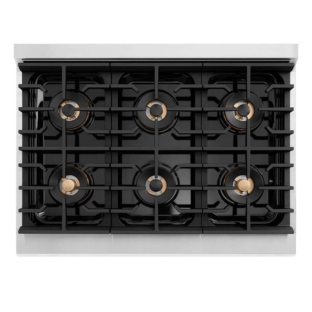 ZLINE 36 in. Paramount Gas Rangetop with 6 Burner DuoPro™ Cooktop in Stainless Steel (PSRT36) top-down, above cooktop.
