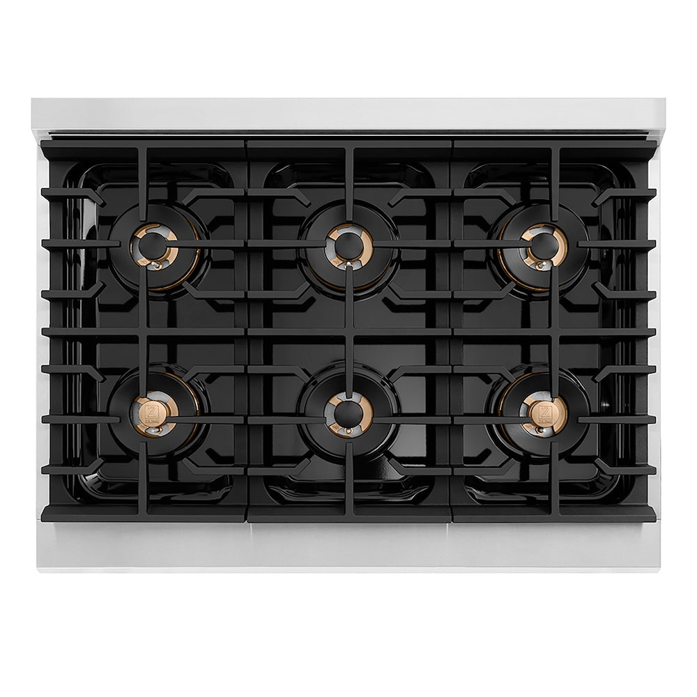 ZLINE 36 in. Paramount Gas Rangetop with 6 Burner DuoPro™ Cooktop in Stainless Steel (PSRT36) top-down, above cooktop.