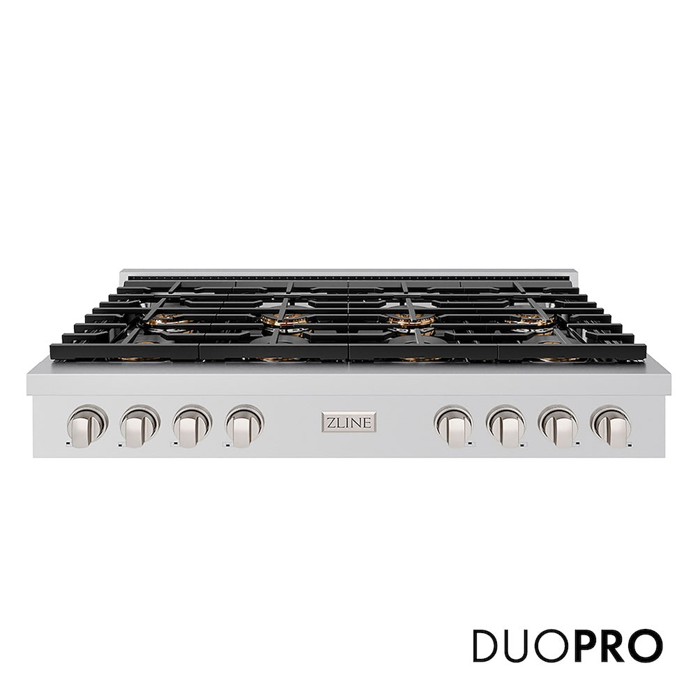 ZLINE 48 in. Paramount Gas Rangetop with 8 Burner DuoPro™ Cooktop in Stainless Steel (PSRT48) front, with DuoPro™ logo.