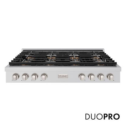 ZLINE 48 in. Paramount Gas Rangetop with 8 Burner DuoPro™ Cooktop in Stainless Steel (PSRT48) front, with DuoPro™ logo.