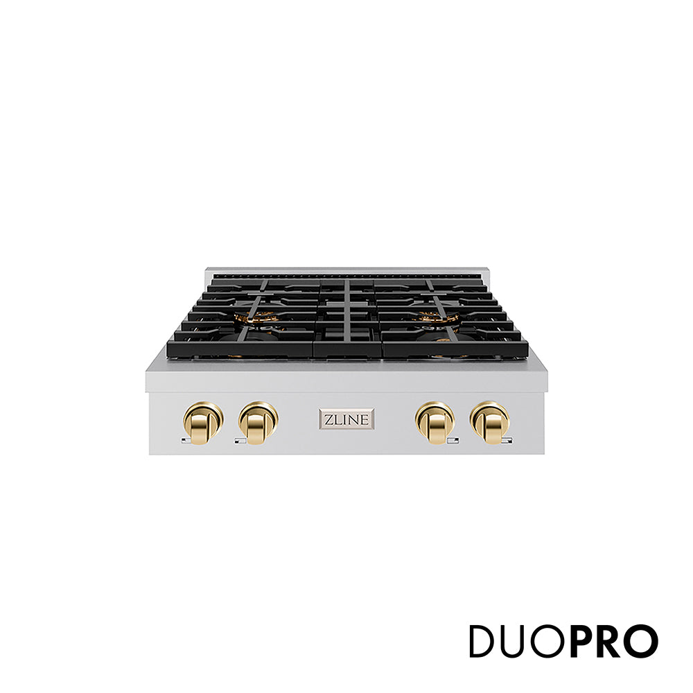 ZLINE Autograph Edition 30 in. Paramount Gas Rangetop with 4 Burner DuoPro™ Cooktop in Stainless Steel and Polished Gold Accents, Open Box-Great Condition