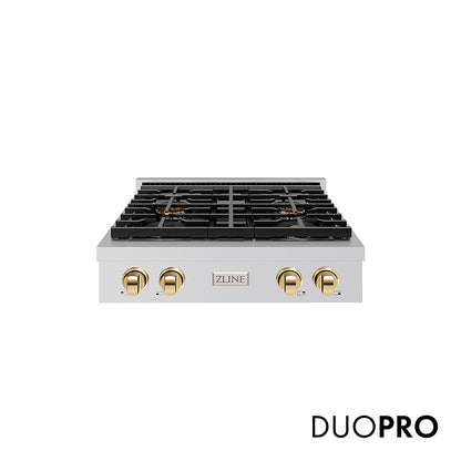 ZLINE Autograph Edition 30 in. Paramount Gas Rangetop with 4 Burner DuoPro™ Cooktop in Stainless Steel and Polished Gold Accents, Open Box-Great Condition