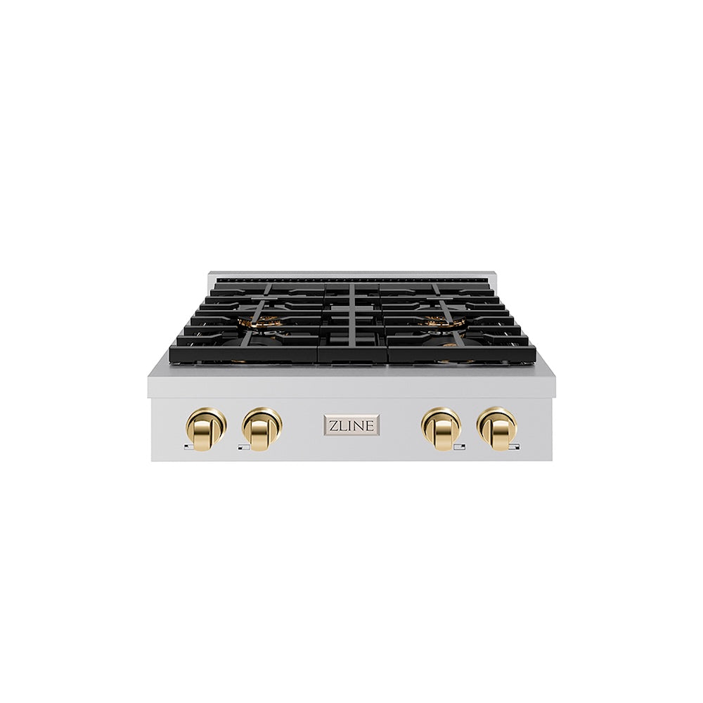 ZLINE Autograph Edition 30 in. Paramount Gas Rangetop with 4 Burner DuoPro™ Cooktop in Stainless Steel and Polished Gold Accents (PSRTZ-30-G) front.