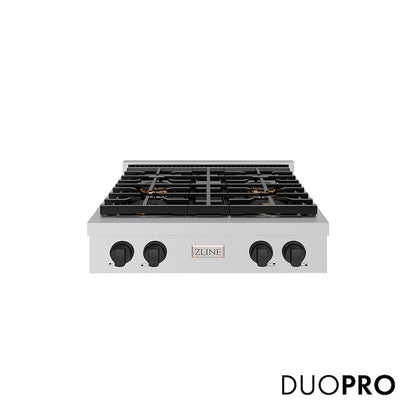 ZLINE Autograph Edition 30 in. Paramount Gas Rangetop with 4 Burner DuoPro™ Cooktop in Stainless Steel and Matte Black Accents (PSRTZ-30-MB) front, with DuoPro™ logo.