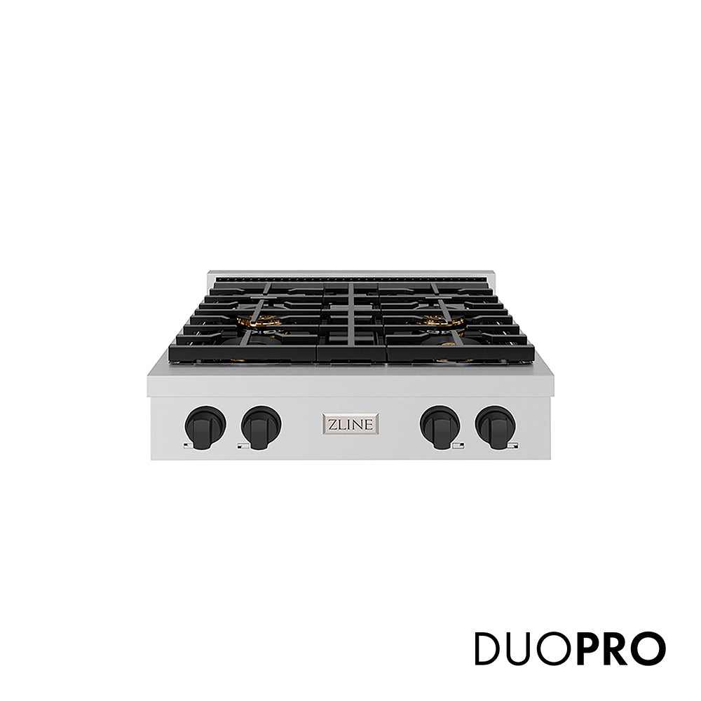 ZLINE Autograph Edition 30 in. Paramount Gas Rangetop with 4 Burner DuoPro™ Cooktop in Stainless Steel and Matte Black Accents, Open Box-Great Condition