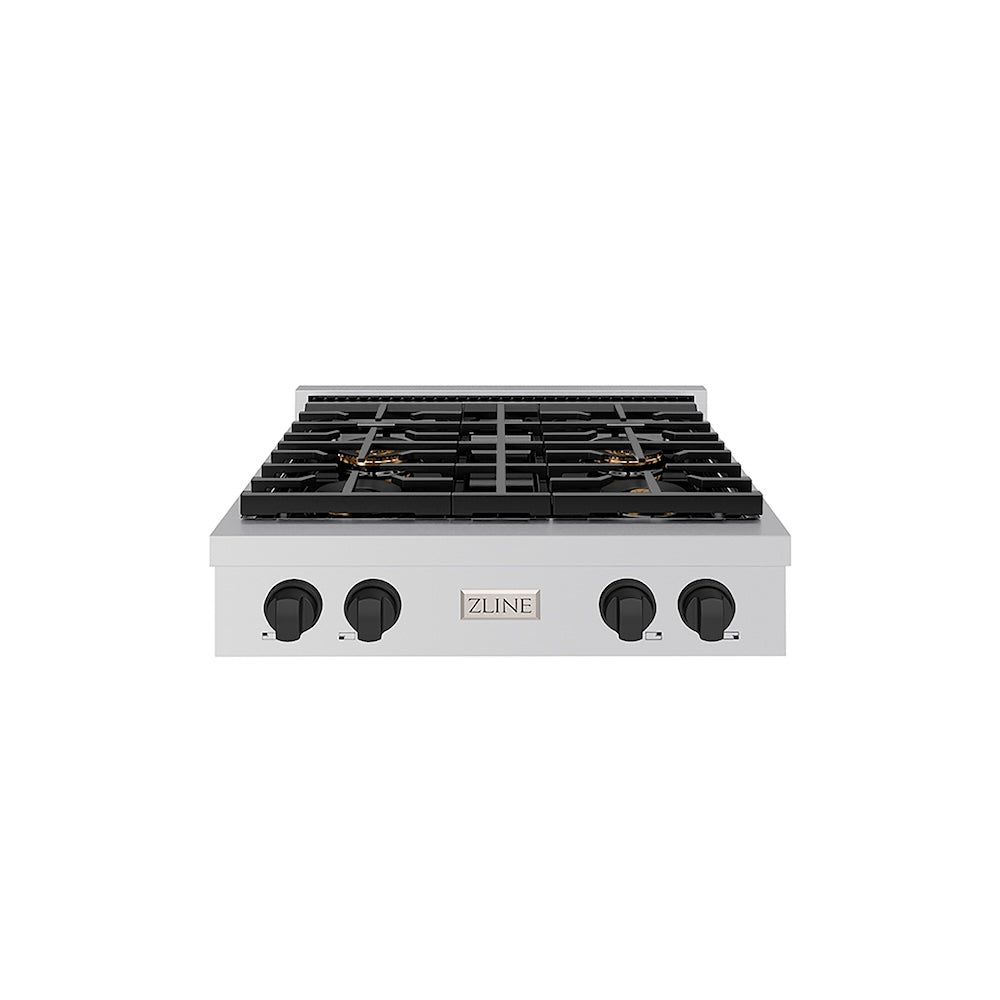 ZLINE Autograph Edition 30 in. Paramount Gas Rangetop with 4 Burner DuoPro™ Cooktop in Stainless Steel and Matte Black Accents (PSRTZ-30-MB) front.