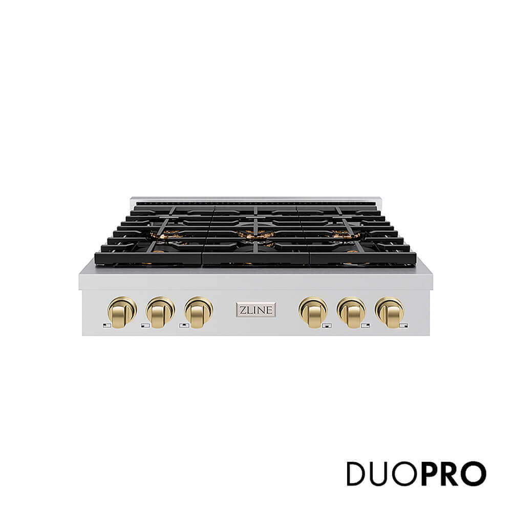 ZLINE Autograph Edition 36 in. Paramount Gas Rangetop with 6 Burner DuoPro™ Cooktop in Stainless Steel and Champagne Bronze Accents, Open Box-Good Condition