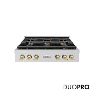 ZLINE Autograph Edition 36 in. Paramount Gas Rangetop with 6 Burner DuoPro™ Cooktop in Stainless Steel and Champagne Bronze Accents, Open Box-Good Condition main image.