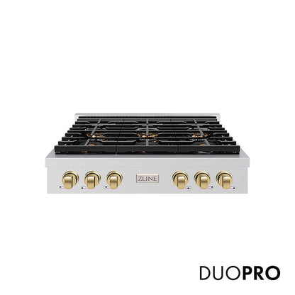 ZLINE Autograph Edition 36 in. Paramount Gas Rangetop with 6 Burner DuoPro™ Cooktop in Stainless Steel and Champagne Bronze Accents, Open Box-Good Condition