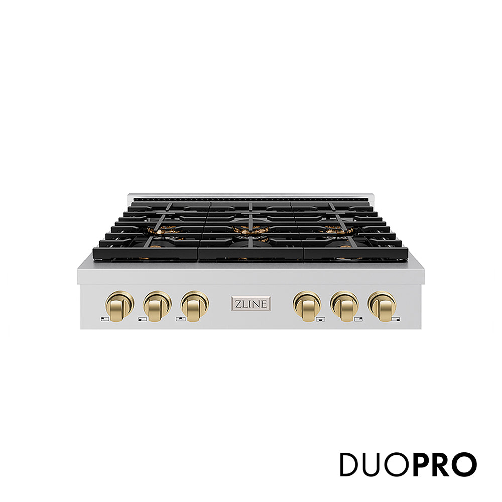 ZLINE Autograph Edition 36 in. Paramount Gas Rangetop with 6 Burner DuoPro™ Cooktop in Stainless Steel and Champagne Bronze Accents, Open Box-Great Condition