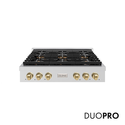 ZLINE Autograph Edition 36 in. Paramount Gas Rangetop with 6 Burner DuoPro™ Cooktop in Stainless Steel and Champagne Bronze Accents, Open Box-Great Condition