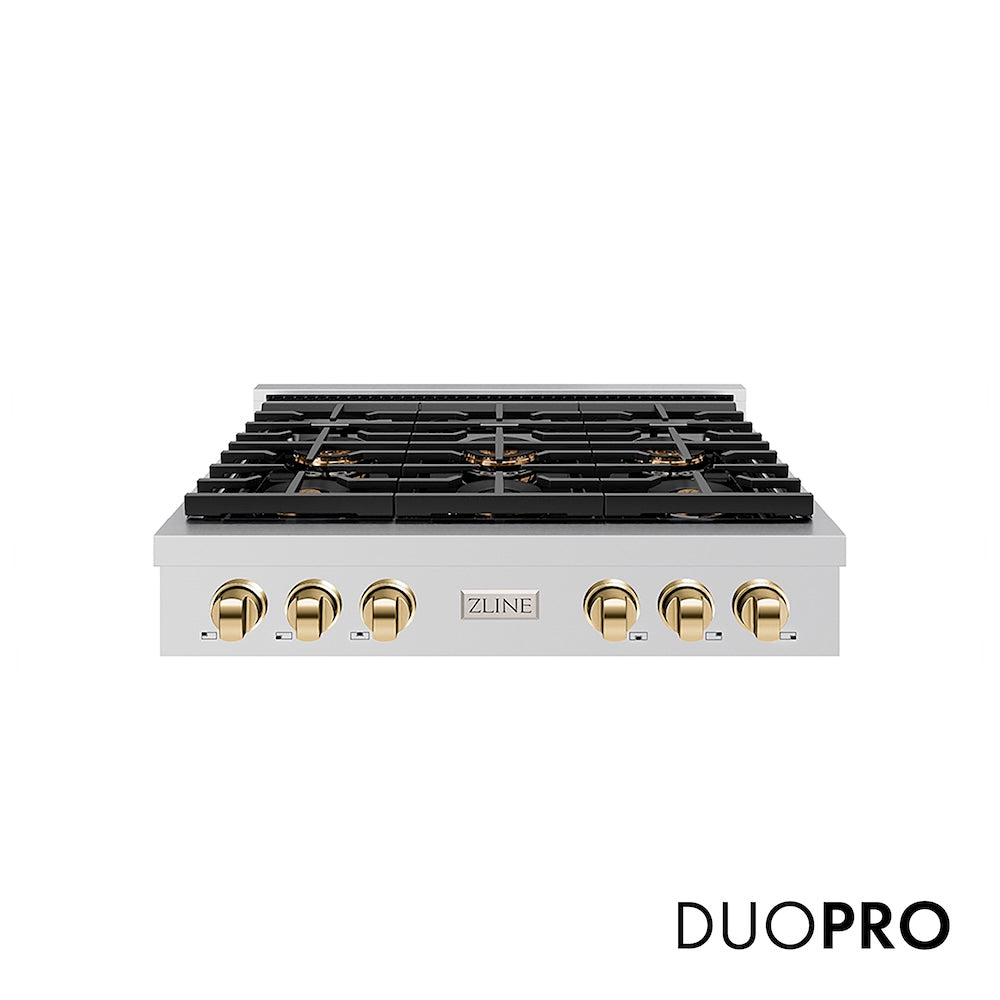 ZLINE Autograph Edition 36 in. Paramount Gas Rangetop with 6 Burner DuoPro™ Cooktop in Stainless Steel and Polished Gold Accents (PSRTZ-36-G) main image.