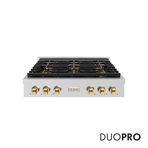 ZLINE Autograph Edition 36 in. Paramount Gas Rangetop with 6 Burner DuoPro™ Cooktop in Stainless Steel and Polished Gold Accents (PSRTZ-36-G) main image.