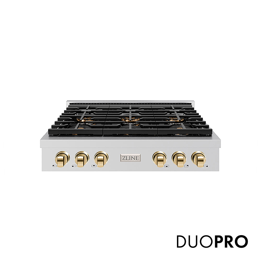 ZLINE Autograph Edition 36 in. Paramount Gas Rangetop with 6 Burner DuoPro™ Cooktop in Stainless Steel and Polished Gold Accents, Open Box-Great Condition