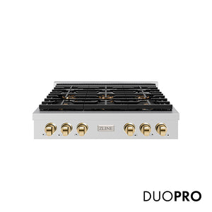 ZLINE Autograph Edition 36 in. Paramount Gas Rangetop with 6 Burner DuoPro™ Cooktop in Stainless Steel and Polished Gold Accents, Open Box-Great Condition